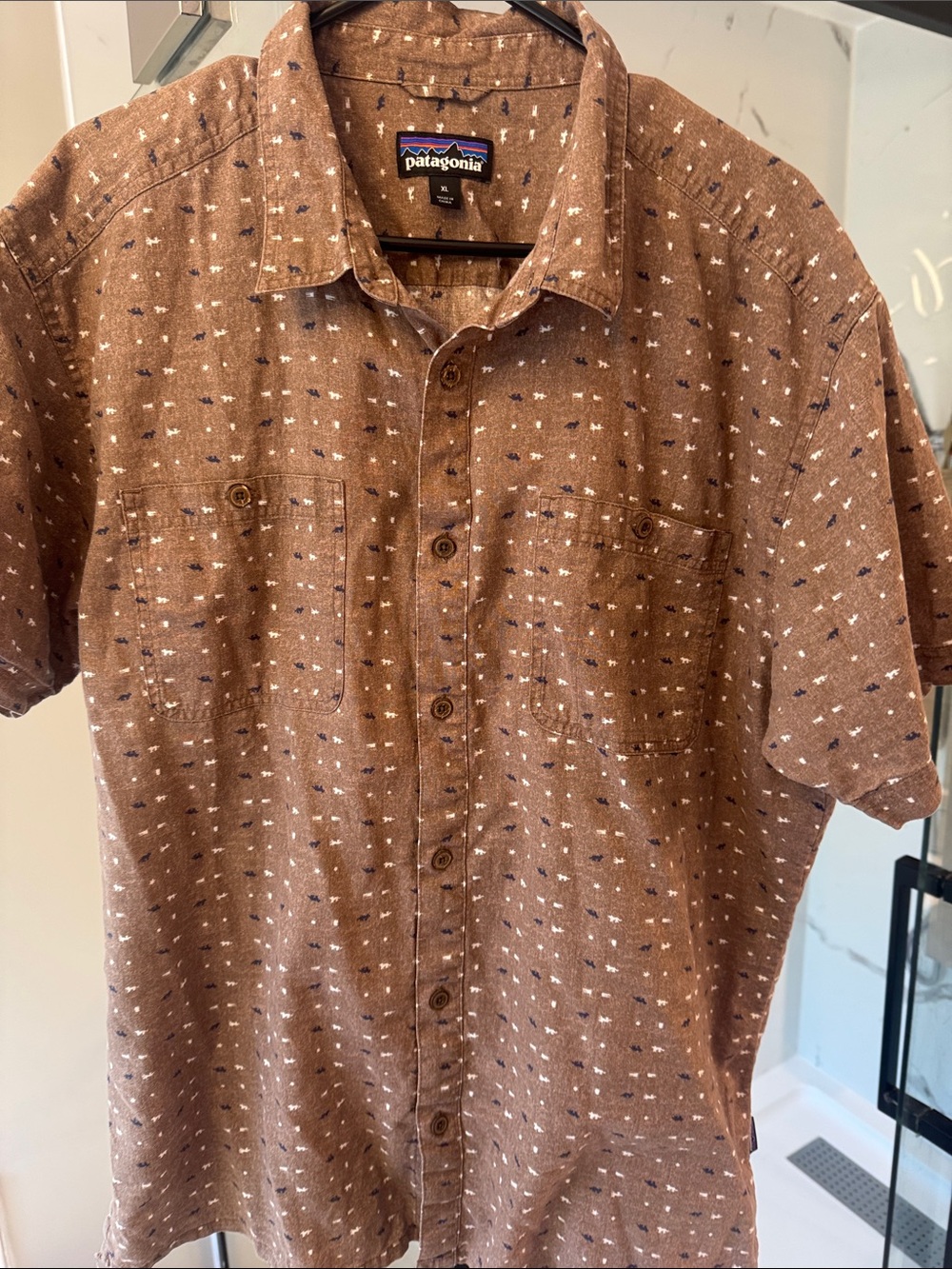 Patagonia Brown Short-Sleeve Button-Down Shirt with White & Navy Dogs